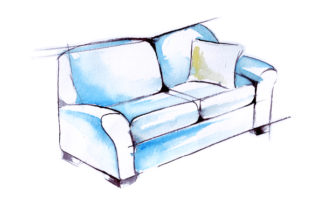 Blue Sofa with Yellow Pilow: Watercolor Sketch for Home Crafts