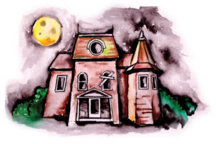 Haunted House Full Moon Watercolor for Halloween Crafts