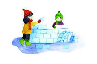 Kids Building Igloo - Watercolor