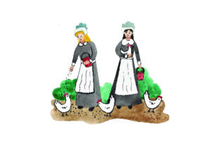 Pilgrims Feeding Chickens Watercolor for Thanksgiving Crafts